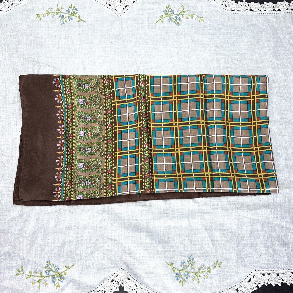 Vintage Echo Silk Blend Square Scarf Brown Teal Paisley Plaid Made in Japan